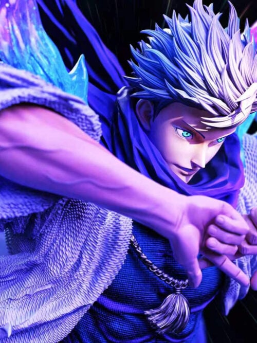 Close-up of the Satoru Gojo statue with swept-back hair, glowing blue eyes, veined forearms, and interlocked fingers forming a hand sign above his purple scarf and chest tassel.