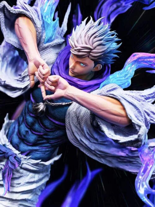 High-angle view of the 1/6 Satoru Gojo statue showing swept-back white hair, raised arms in a hand sign, frayed white haori, muscular dark blue shirt, and purple-blue energy effects.