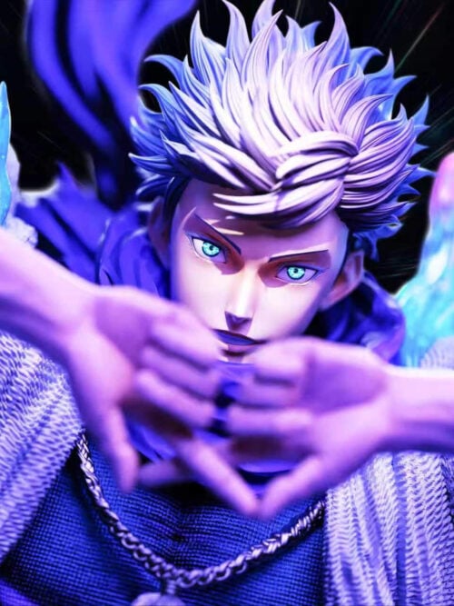 Front close-up of Satoru Gojo with swept-back hair and glowing blue eyes looking directly over his raised hands in a technique sign.