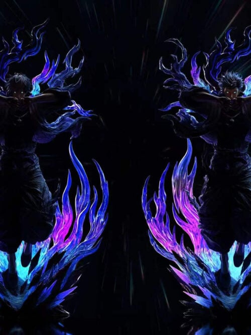 Dimensions and lighting comparison showing both Satoru Gojo head sculpts in the dark with illuminated eyes and purple-blue base, labeled 48 cm high, 29 cm wide, and 27 cm deep.