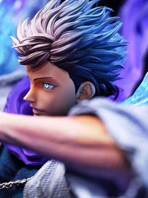 Side profile close-up of Satoru Gojo with swept-back hair and glowing blue eye behind his raised hands and translucent blue-purple energy plume.