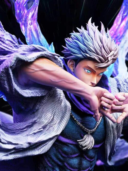 Three-quarter upper-body view of the Satoru Gojo statue with swept-back hair, glowing blue eyes, veined forearms, technique hand sign, and textured white haori.