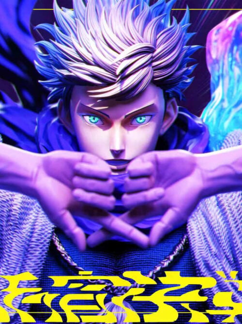 Cover-page style close-up of the Satoru Gojo statue with swept-back hair, glowing blue eyes, and raised hand sign framed by yellow Shinjuku Showdown graphic text.
