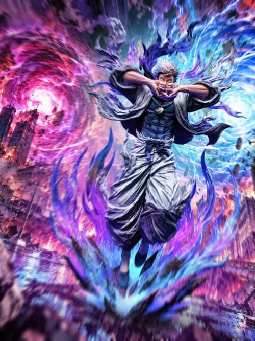 FANTASY Studio and Gravity Studio 1/6 scale Satoru Gojo statue suspended over a rock and purple-blue energy base with hands in a technique sign against a Shinjuku battle backdrop.