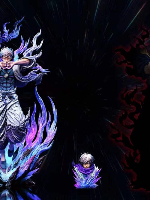 Overview showing the 1/6 Satoru Gojo statue on the left, the lowered-bangs bust on its crystalline stand in the center, and a darkened Ryomen Sukuna teaser silhouette on the right.