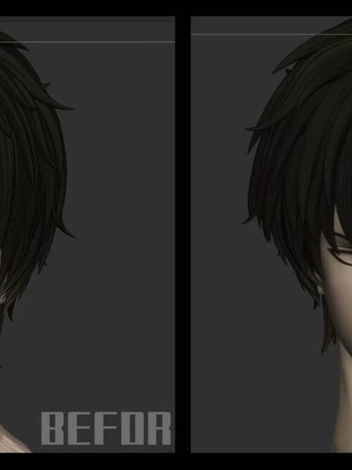 Side-by-side 3D digital sculpt comparison labeled before and after showing updated eye and brow proportions on the bandaged battle-damaged Toushirou Hijikata head sculpt