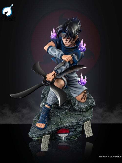 Front three-quarter view of HuanYing Studio's Sasuke Uchiha statue from Naruto kneeling on a rocky Uchiha-crest base with explosive tags, crossing a kunai and four-bladed shuriken with Curse Mark patterns and purple flame effects.