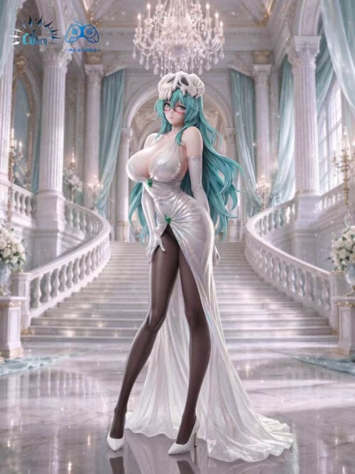 cfs001303 01 Front three-quarter render of Cdkey Studio and PG Studio's 1/6 scale Nelliel Tu Odelschwanck statue from Bleach in a white halter evening gown with green gem accents, long white gloves, dark stockings, white heels, and her skull mask headpiece in front of a ballroom staircase backdrop.