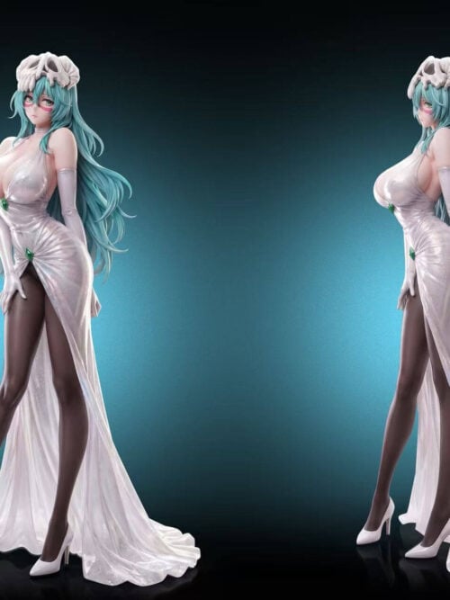 Dual studio render on a dark background showing front three-quarter and left profile views of the 1/6 scale Nelliel Tu Odelschwanck Evening Gown Series statue standing independently on her white heels and floor-length gown train.