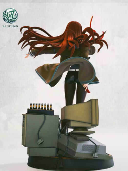 Rear studio render of XF Studio's Kurisu Makise statue from Steins;Gate showing her spread chestnut hair, flaring brown jacket hem, and the backs of the CRT monitor, computer tower, unplugged cables, and eight glowing number tubes on the base.