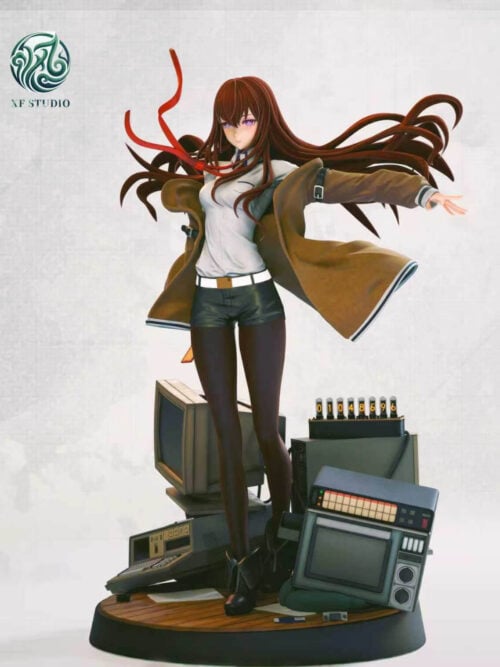 Front-right three-quarter studio render of XF Studio's Kurisu Makise statue from Steins;Gate highlighting the eight-tube numeric display reading 01048596 and the stacked microwave unit on the right side of the circular wood-grained base.
