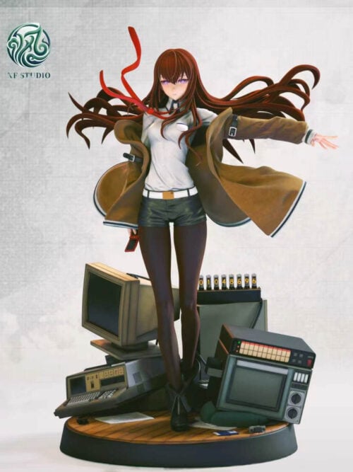 Slightly angled front studio render of XF Studio's Kurisu Makise statue from Steins;Gate with the red flip phone in her right hand and all eight glowing tubes of the numeric display visible behind her left leg.