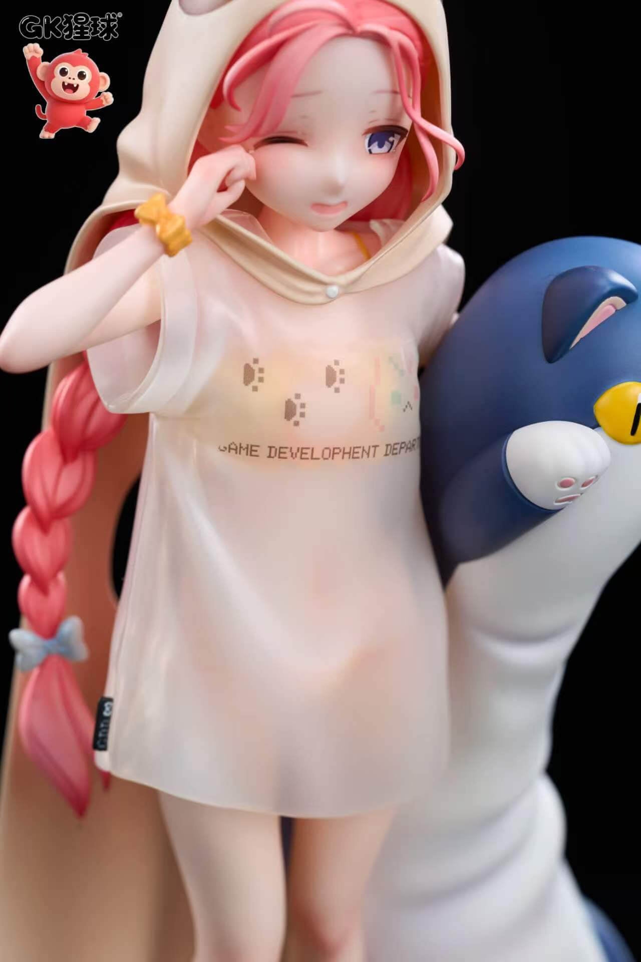GK XingQiu Studio Blue Archive Hanaoka Yuzu 1/7 Statue Close-Up in Oversized T-Shirt Close-up front view of GK XingQiu Studio's 1/7 scale Hanaoka Yuzu statue from Blue Archive wearing a beige cat-eared hooded cape and semi-sheer oversized white T-shirt beside a blue-and-white plush companion