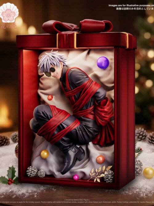 Slightly angled right view of the Satoru Gojo Christmas Gift Box resin figure showing the red box frame, top bow, and Gojo wrapped in ribbon inside.