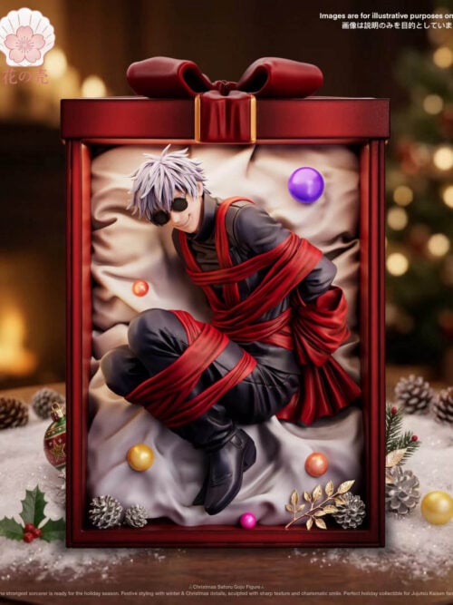 Front view of the HuaKe Studio Satoru Gojo Christmas Gift Box resin figure showing Gojo curled inside an open red gift box wrapped in red ribbon with ornament balls and pine cones.