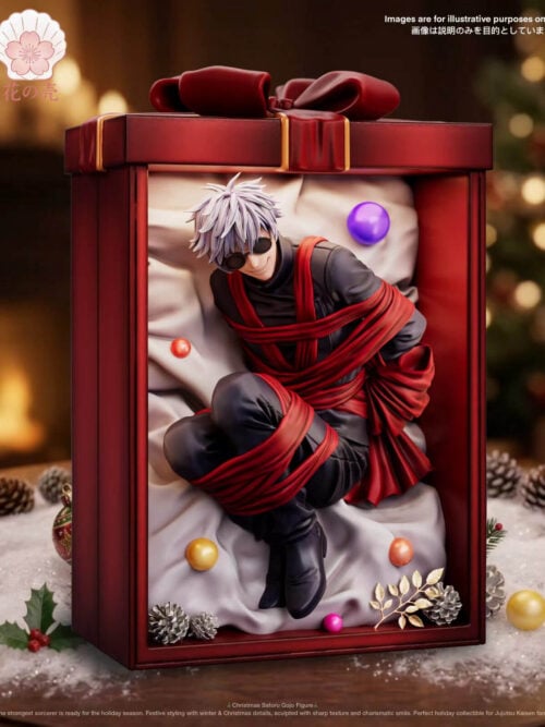 Slightly angled left view of the Satoru Gojo Christmas Gift Box resin figure displaying the red gift box side panel, top bow, and interior holiday details.