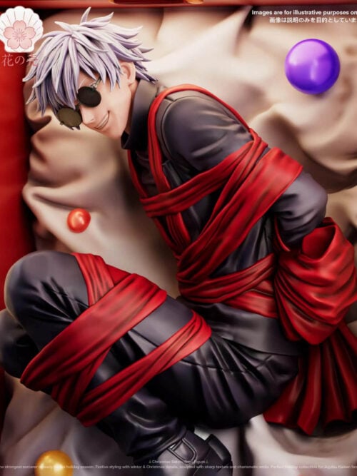 Close-up of Satoru Gojo grinning with round sunglasses, spiky white hair, and red ribbon tied around his dark uniform and drawn-up knees.