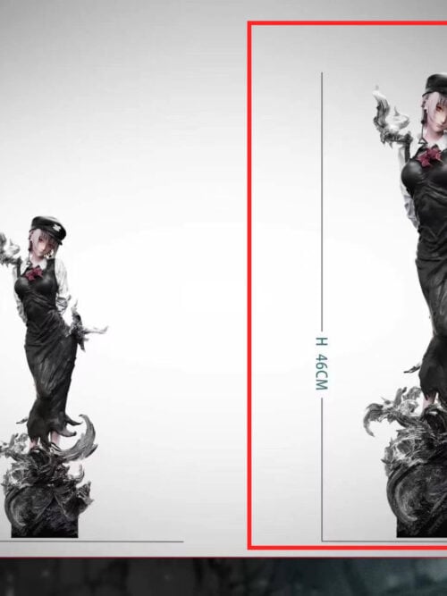Scale comparison graphic highlighting the 46 cm 1/4 scale Death Devil Fami statue inside a red frame on the right next to the 32 cm 1/6 scale version.