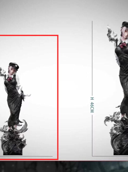 Scale comparison graphic highlighting the 32 cm 1/6 scale Death Devil Fami statue inside a red frame on the left next to the 46 cm 1/4 scale version.