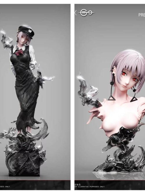 Split-panel Deluxe Version image pairing the full-length capped Death Devil Fami statue on the left with the hatless bust display on the right.