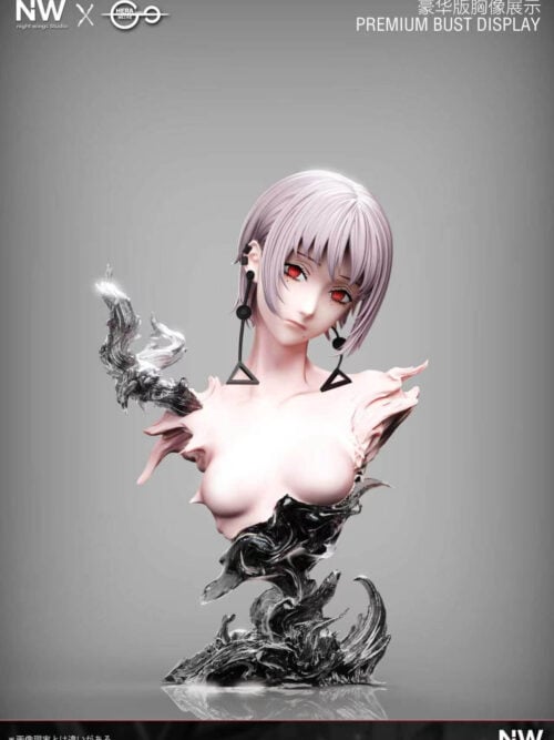 Front view of the Deluxe Version bust display for Death Devil Fami featuring a hatless head sculpt with short pale hair, ringed red eyes, and triangle-pendant earrings atop a dark swirling base.