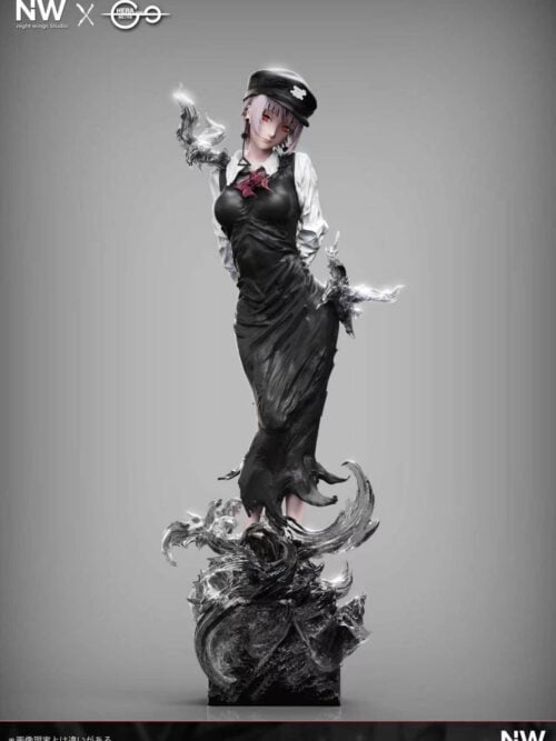 Full-length front render of NightWing Studio and HeRa Studio's Death Devil Fami statue from Chainsaw Man standing barefoot on a dark swirling base in a black cap, white shirt, red bow, and frayed black dress.