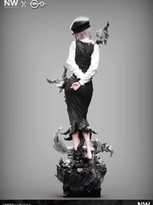 Full-length rear view of the Death Devil Fami statue showing her hands clasped behind her back, long white sleeves, tattered black dress hem, and bare feet on the dark swirling base.