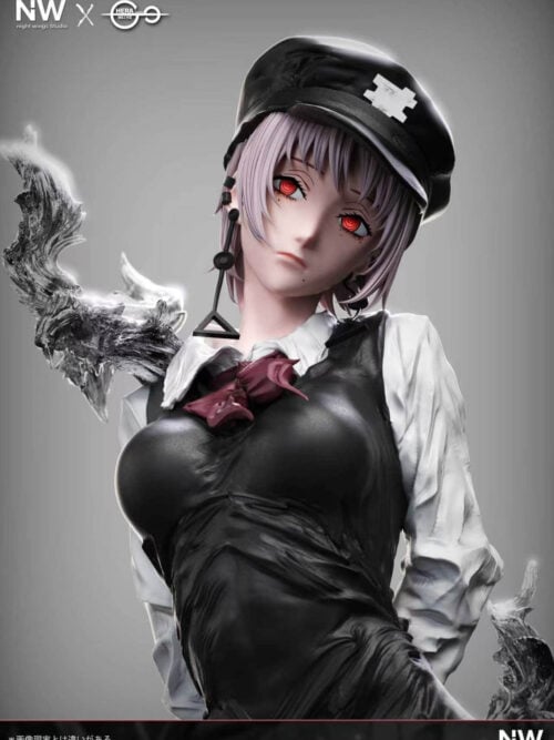 Three-quarter upper-body view of the Death Devil Fami statue showing her tilted head beneath a black cap, ringed red eyes, black triangle-pendant earrings, dark red bow, and swirling shoulder and hip effects.