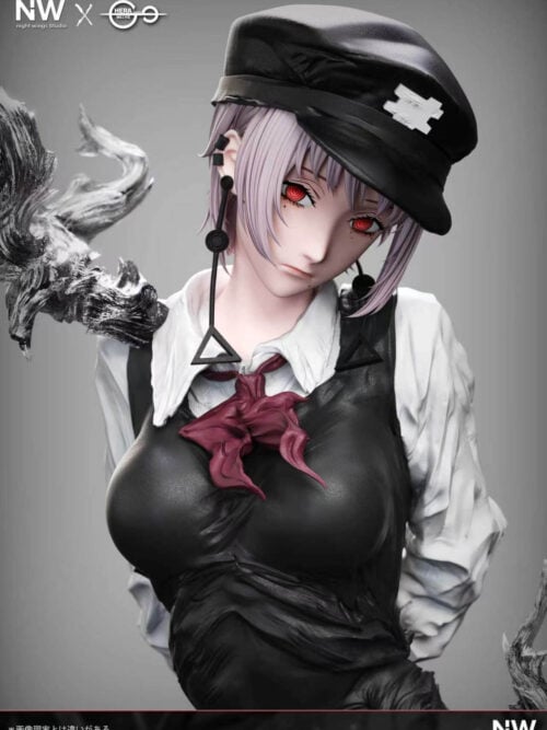 Close-up portrait of the Death Devil Fami statue highlighting her pale short hair, black Devil Hunter Club cap, ringed red eyes, ear cuffs, hanging triangle earrings, and dark red neck bow.