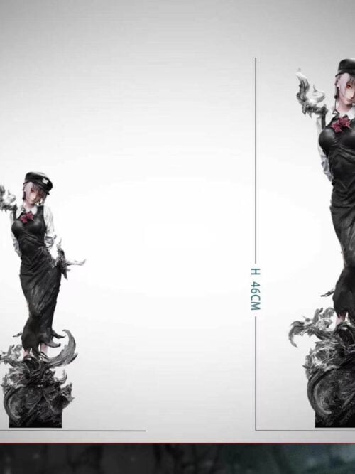 Scale comparison card showing the 1/6 scale Death Devil Fami statue at 32 cm tall on the left beside the 1/4 scale statue at 46 cm tall on the right.