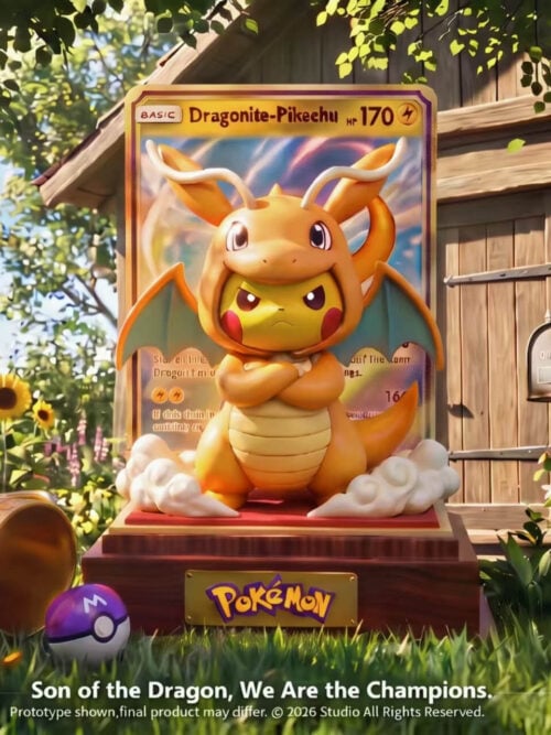 Peak Studio 1/6 scale Pikachu in a Dragonite costume standing with crossed arms on a stepped wood base in front of a Dragonite-Pikachu trading card backdrop, shown with miniature Master Ball and championship trophy ornaments on grass.