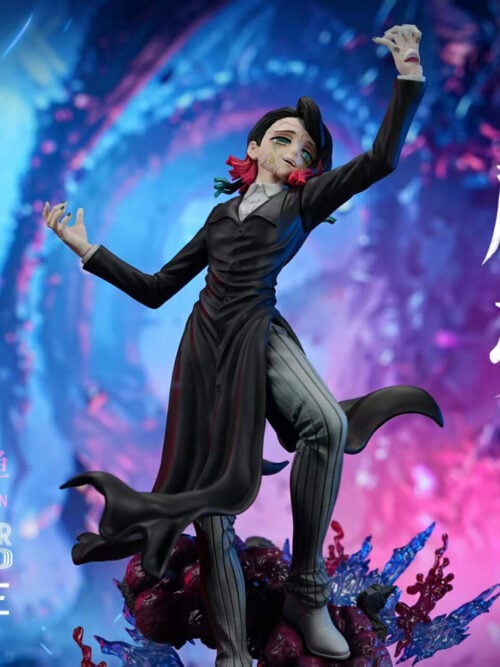 Three-quarter front view of the Enmu 1/6 scale statue by DreamHunter Studio, showing his tilted smirk, raised left hand with a mouth on the back, flaring black tailcoat, and striped trousers.