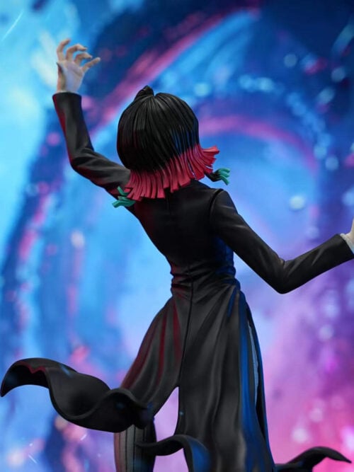 Upper rear view of DreamHunter Studio's 1/6 scale Enmu statue showing his black hair with red tips and green ties, raised arms, and fitted black tailcoat.