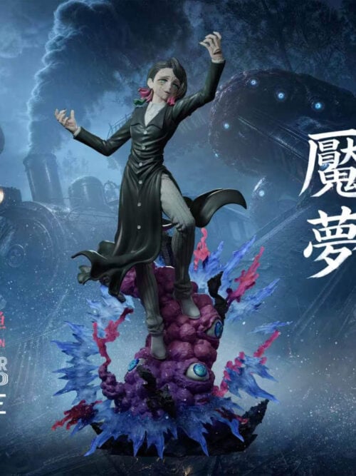 Full front view of DreamHunter Studio's 1/6 scale Enmu statue from Demon Slayer standing in a black tailcoat and striped trousers atop a purple eyeball-studded demonic flesh base with blue and red splash effects against a promotional train backdrop.
