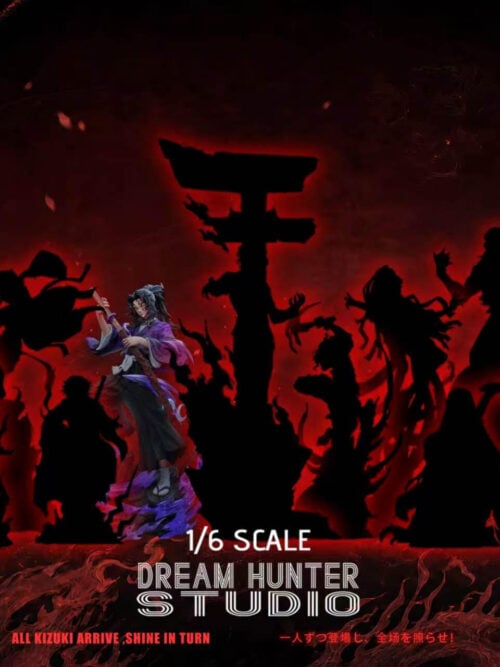 Series teaser graphic for DreamHunter Studio's 1/6 scale Twelve Kizuki Moonfall Record Resonance Series showing Enmu and Rui in color alongside dark silhouettes of the remaining Twelve Kizuki against a red moon backdrop.