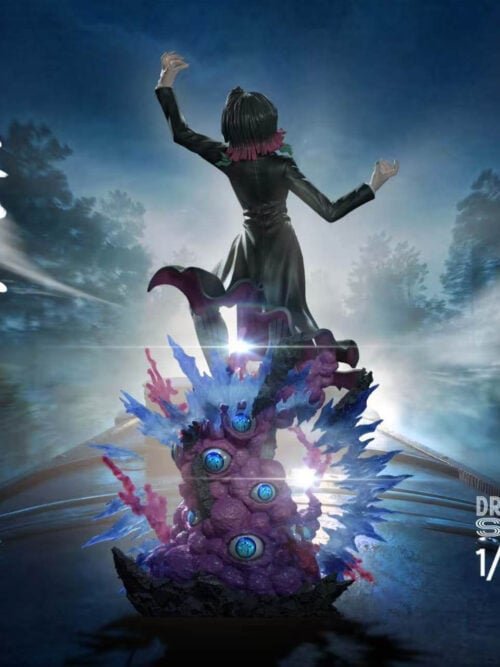 Full rear view of DreamHunter Studio's 1/6 scale Enmu statue showing the flaring black tailcoat with dark red lining and the back of the purple eyeball-studded base with translucent blue and red splash effects.
