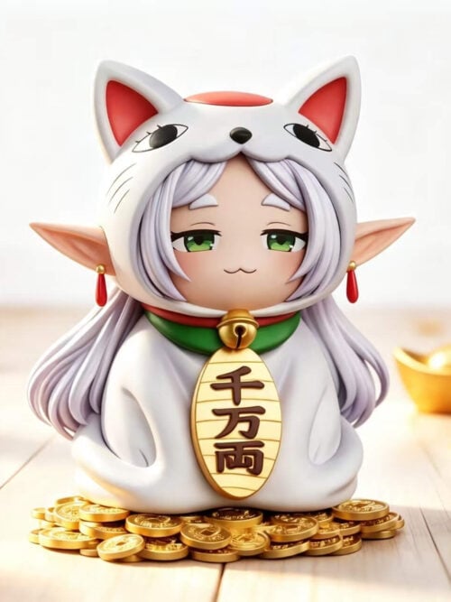 Front scene render of the Frieren Turbo Granny Maneki-Neko Cosplay figure by HuanZhuangShe Studio sitting on a gold coin base surrounded by gold ingots on a wooden surface.