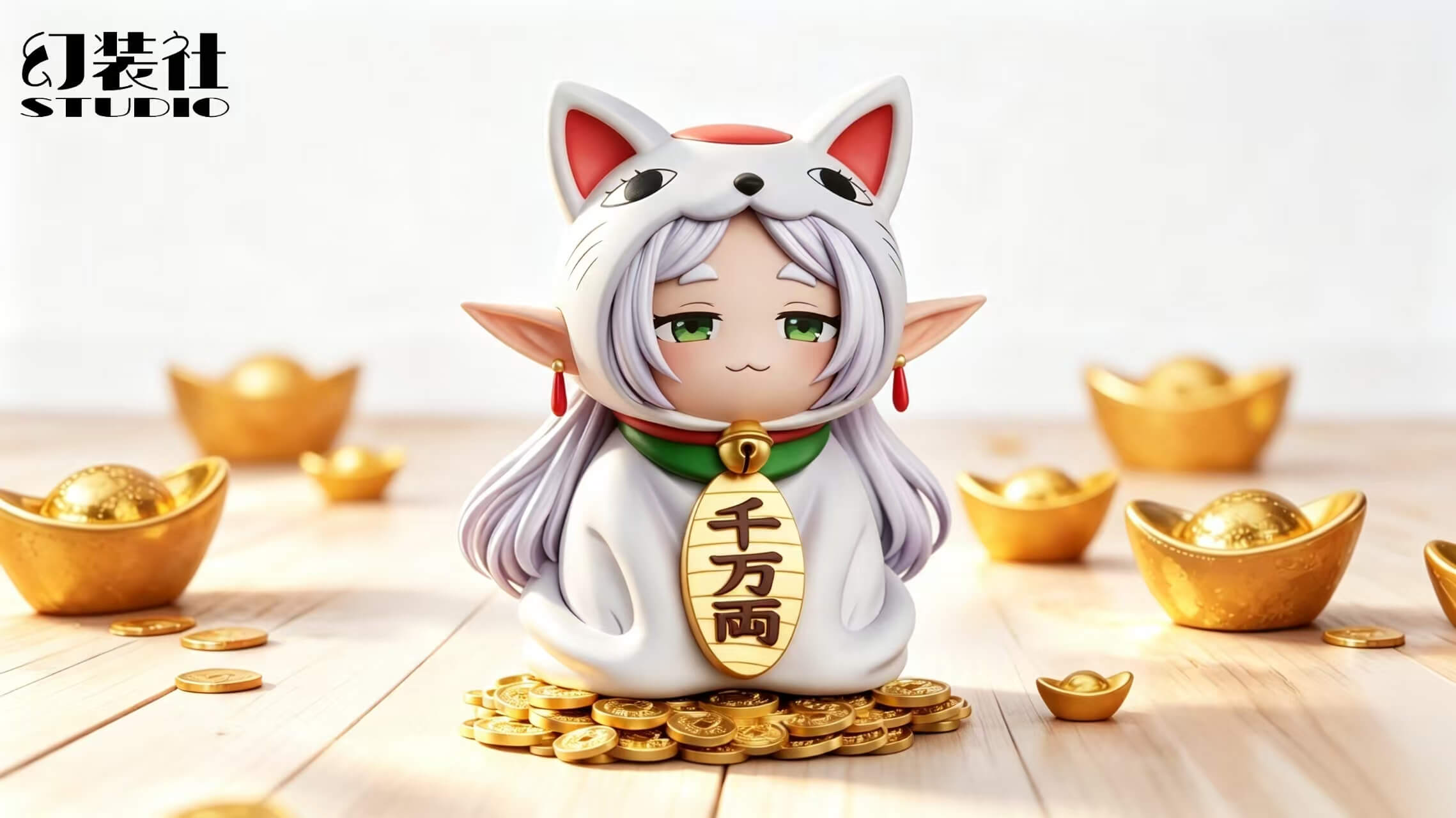 Frieren Turbo Granny Maneki-Neko Cosplay Figure Scene Render Front scene render of the Frieren Turbo Granny Maneki-Neko Cosplay figure by HuanZhuangShe Studio sitting on a gold coin base surrounded by gold ingots on a wooden surface.
