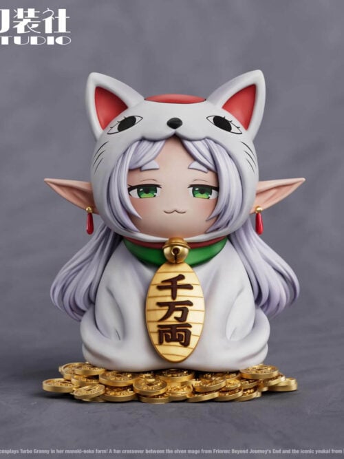 Front view render of Frieren in a white Turbo Granny maneki-neko costume with elf ears, red earrings, and a gold koban charm sitting on stacked gold coins.