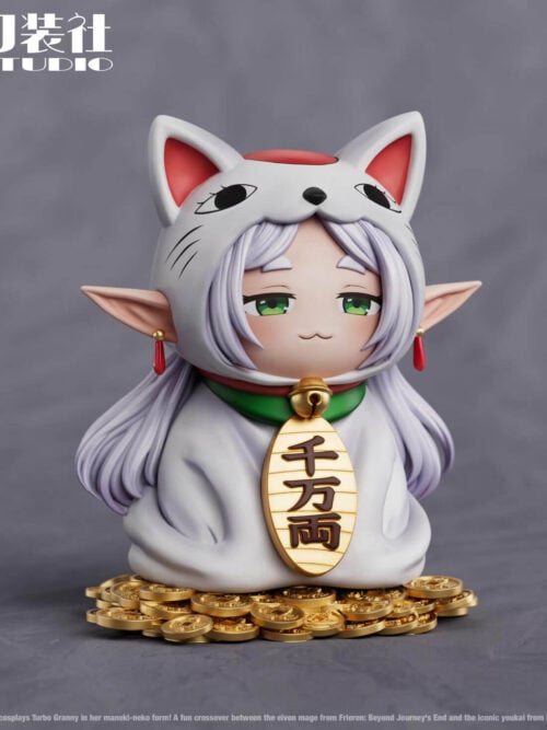Slight front-right angled render of the Frieren Turbo Granny Maneki-Neko Cosplay figure sitting on a pile of gold coins against a grey background.