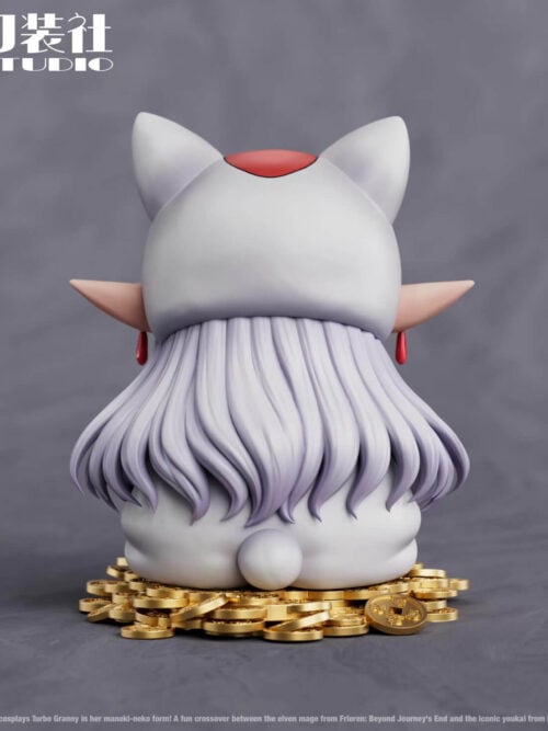 Back view render of the Frieren Turbo Granny Maneki-Neko Cosplay figure showing the white cat hood with a red top marking, flowing hair, round tail, and gold coin base.