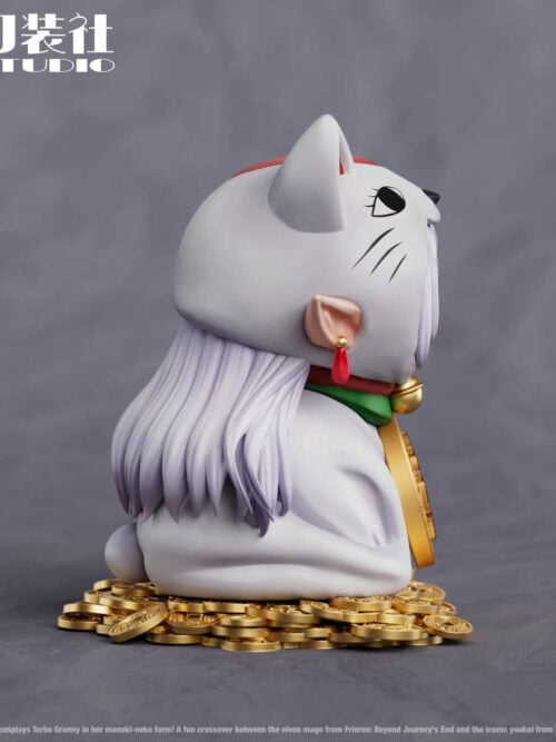 Right side profile render of the Frieren Turbo Granny Maneki-Neko Cosplay figure showing the cat hood whisker markings, right elf ear with red earring, hair, and gold coin base.