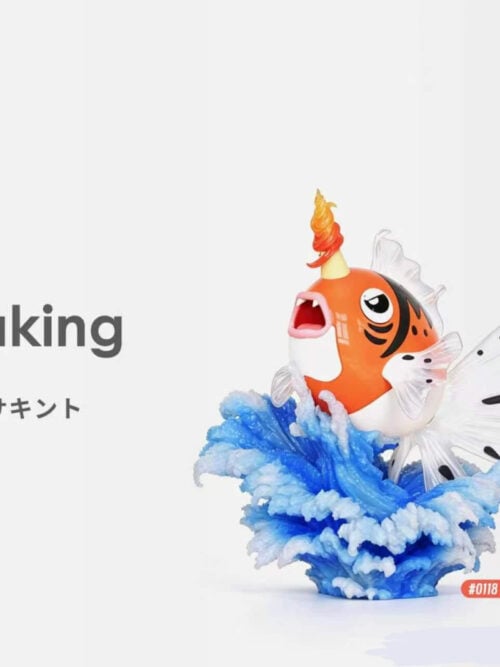 RuoYeZhen Studio 1/20 scale Goldeen and Seaking Pokémon figures in the Deluxe Version on sculpted blue-and-white water-splash bases, showing Seaking with a swirling horn effect and open mouth beside a smaller Goldeen.