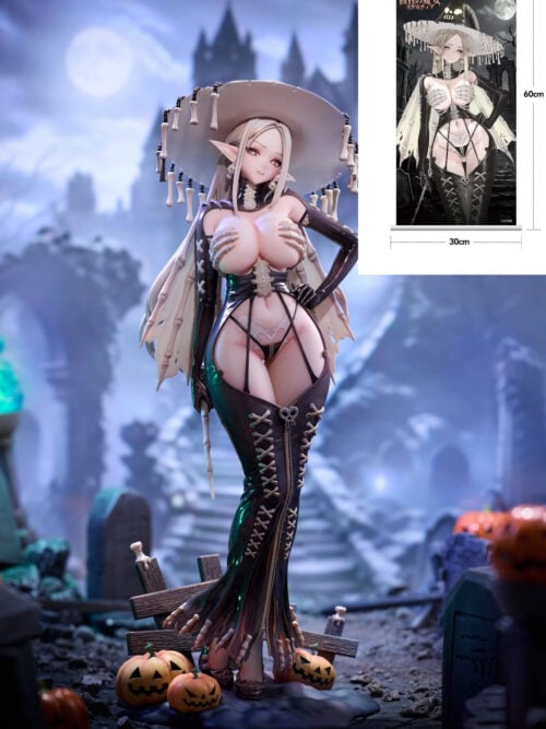 Deluxe Version overview pairing the full Skeletia 1/7 figure with an inset of the 30 by 60 cm bonus character illustration wall scroll