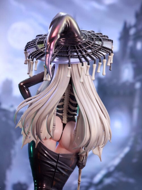 Rear upper-body close-up of the Skeletia figure highlighting the beaded web chains on the witch hat, long hair, sculpted spine and ribs on the back, and bone-ribbed capelet