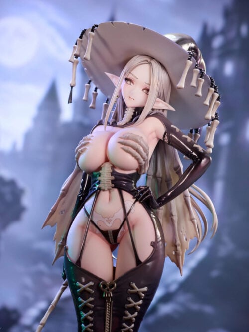 Three-quarter upper-body view of the Skeletia 1/7 scale figure in her bone-fringed witch hat and skeletal outfit against a moonlit castle backdrop