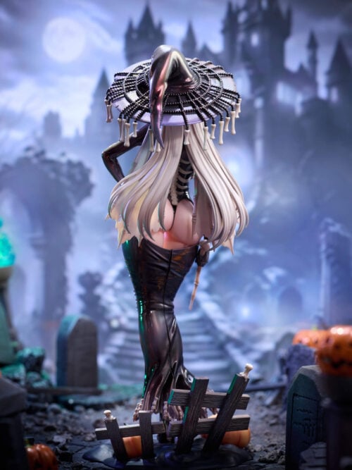 Full rear view of the Skeletia 1/7 figure showing the beaded web pattern on the witch hat brim, long silver-grey hair, spine and ribcage back details, and fence base