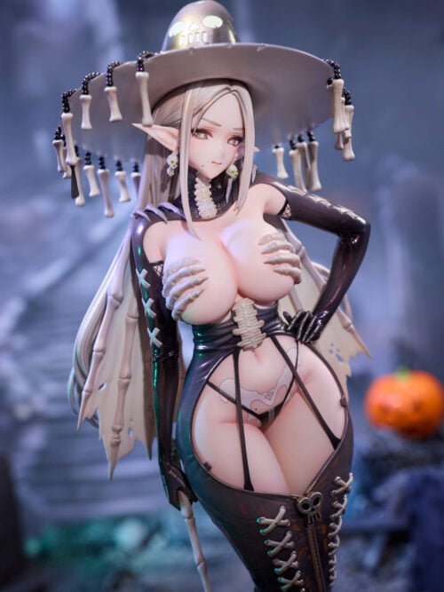 Upper-body view of the Skeletia 1/7 figure showing the skull-embellished witch hat with hanging bones, skull earrings, skeletal bust details, and spine corset