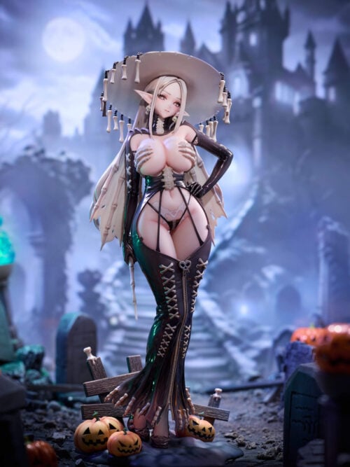 Full front angle view of the Skeletia 1/7 scale figure showing her witch hat, skull earrings, X-laced sleeve, bone wand, and jack-o'-lantern fence base