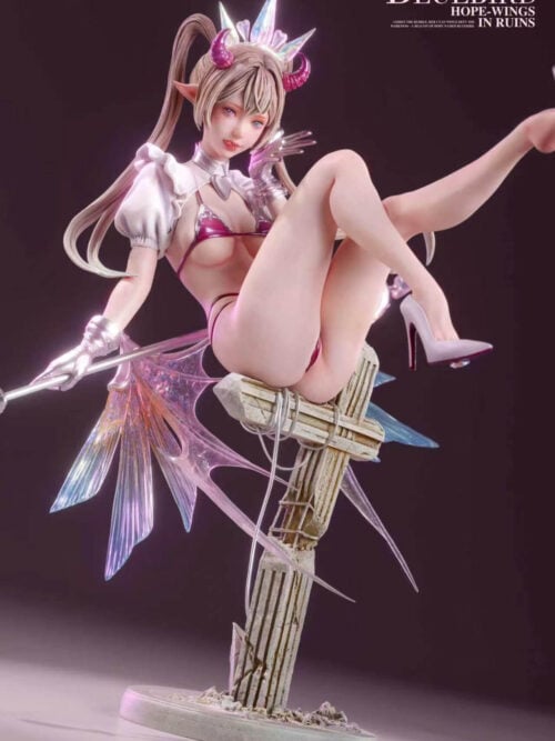 Digital render of the Bluebird Hope-Wings in Ruins figure seated on a ruined stone column above an oval display base. Visible details include light twin-tail hair, pink horns, an iridescent crown, pointed ears, a white ruffled top, a magenta outfit, silver gloves, pale high heels, and a long staff with translucent iridescent wings.